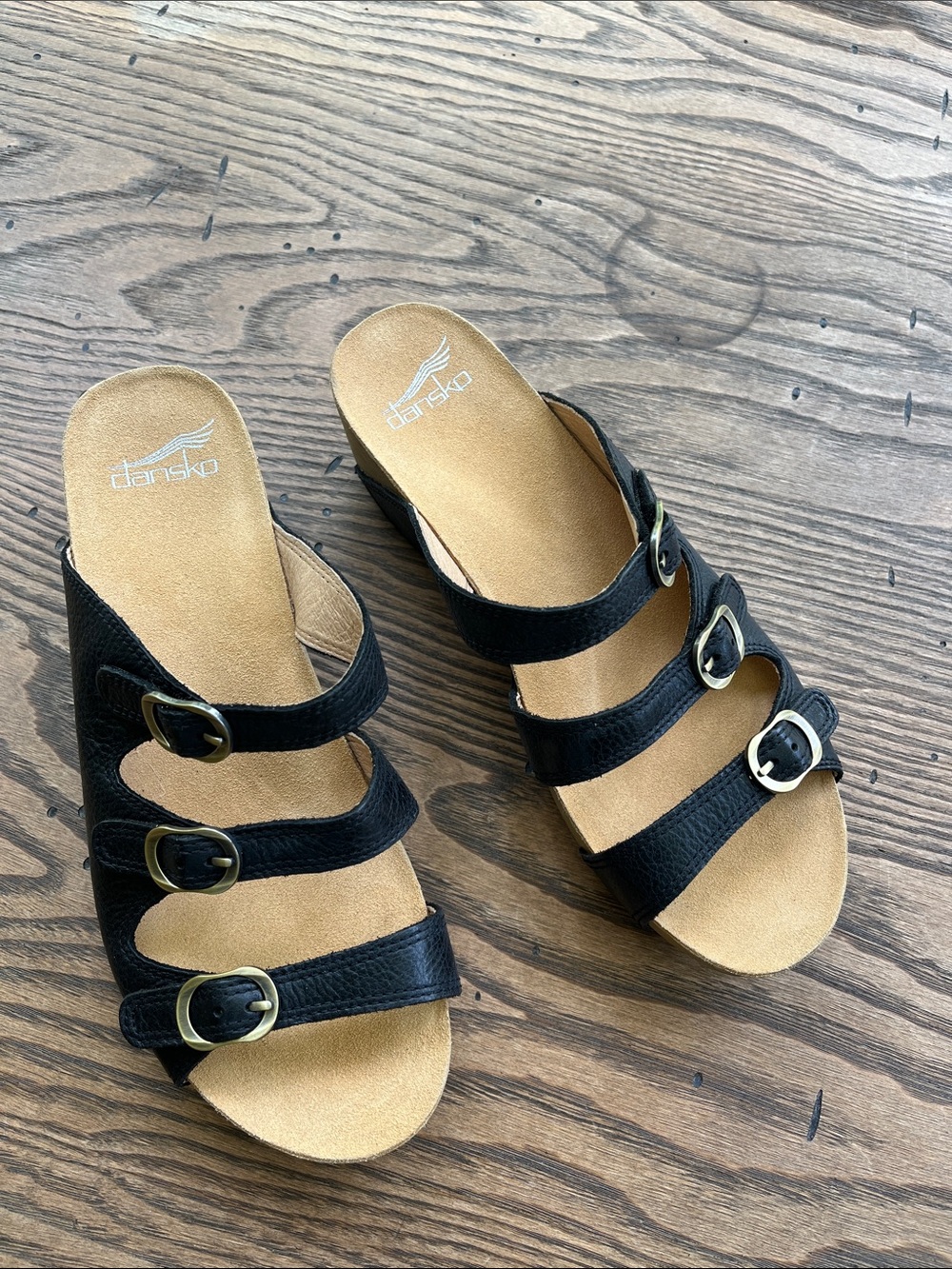 New! Dansko Tarin Black leather 3 Buckle Slide wedge Sandal size 8.5/9